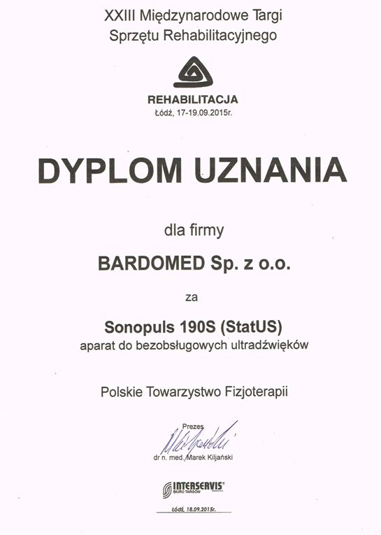 dyplom uznania dla aparatu do bezobsługowych ultradźwięków sonopuls 190s